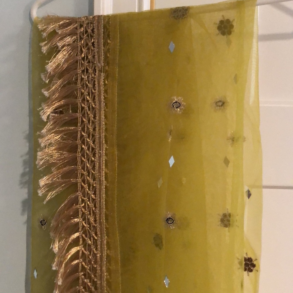 Yellow net dupatta with gold fringe and accents